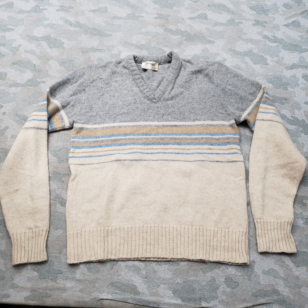 Vintage Campus Sweater Mens Medium Beige V-Neck Wool Blend Preppy Classic